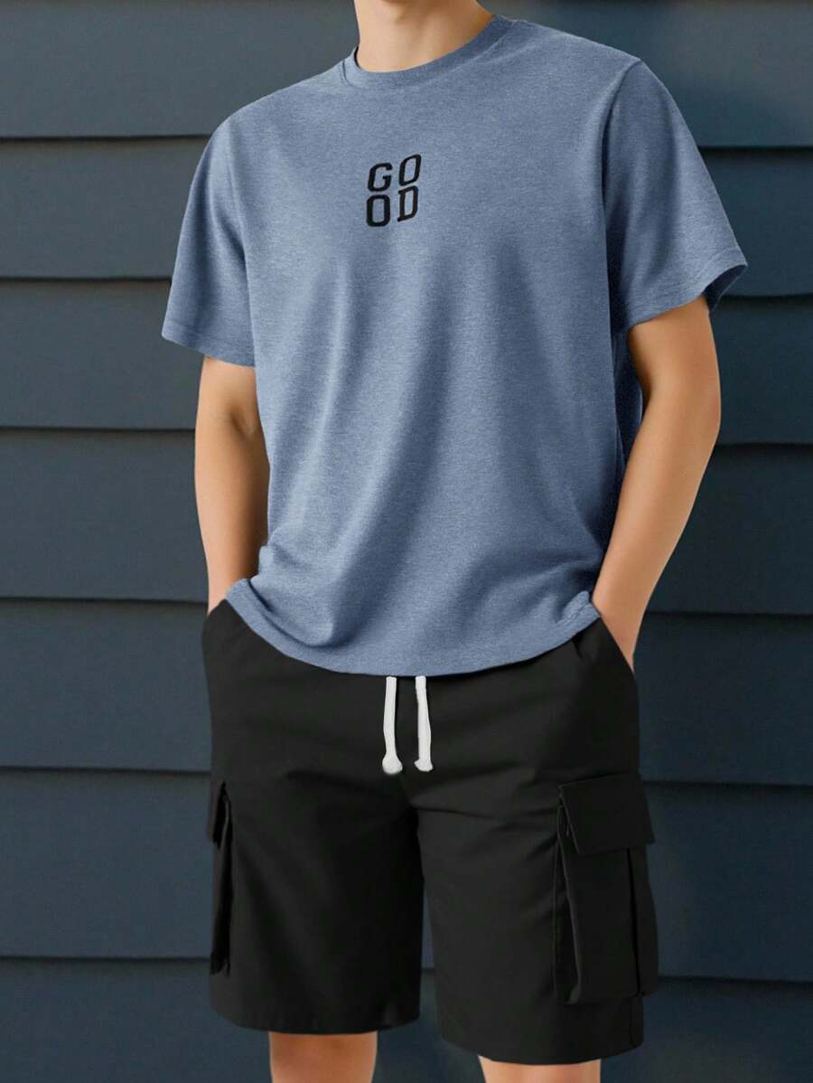 SHEIN Dusty Blue Tween Boys Round Neck Tee And Shorts Set For Everyday Casual Style - Dusty Blue - View 1