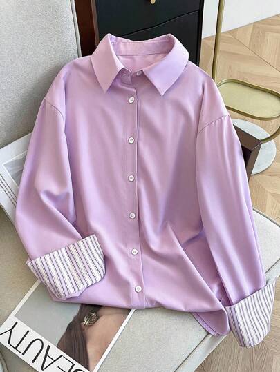 Resyla 大码女式拼布条纹袖口单排扣休闲衬衫