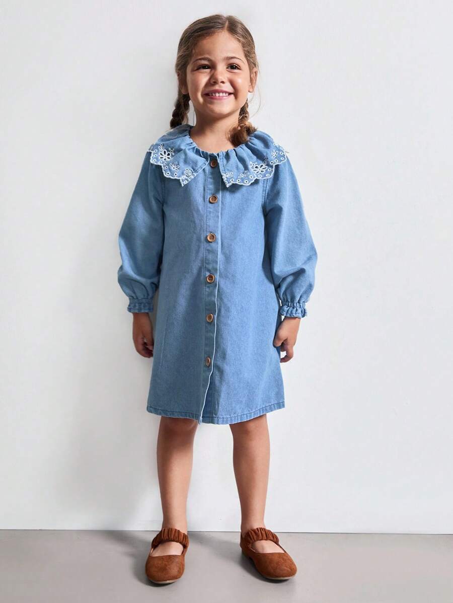 Maija Kids Maija Kids 年轻女孩可爱彼得潘领纽扣长袖牛仔上衣