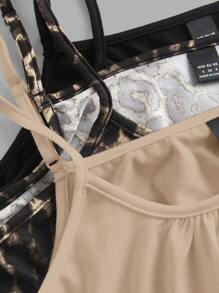 SHEIN EZwear 3 件套黑色豹纹卡其色女式可调节肩带宽松褶皱吊带背心，适合春夏季 - 彩色 - 查看 5
