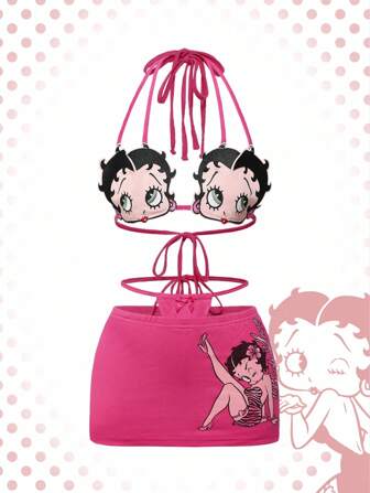 Betty Boop | ROMWE Cartoon Figure Graphic Y2K Sexy Betty Graphic Print Triangle Bralette & Ruffled Waist Low-Waist Super Short Skirt 2 Pieces Set