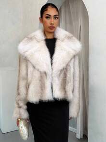 SHEIN SXY Women's Tie-Dye Oversized Lapel Long Sleeve Loose Faux Fur Jacket,Party , Chic ,Faux Fur Coats,Winter,,Fall - White - View 4