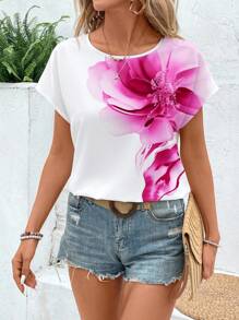 EMERY ROSE 复古水彩花卉休闲简约女士圆领衬衫，适合夏季 - 彩色 - 查看 1