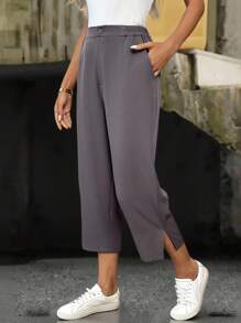 EMERY ROSE 女士休闲纯色锥形西装裤，百搭夏季裤装，适合女性教师、女性办公室穿着，商务休闲灰色七分裤，娇小款七分裤，松紧腰裤，秋季必备 - 灰色 - 查看 10