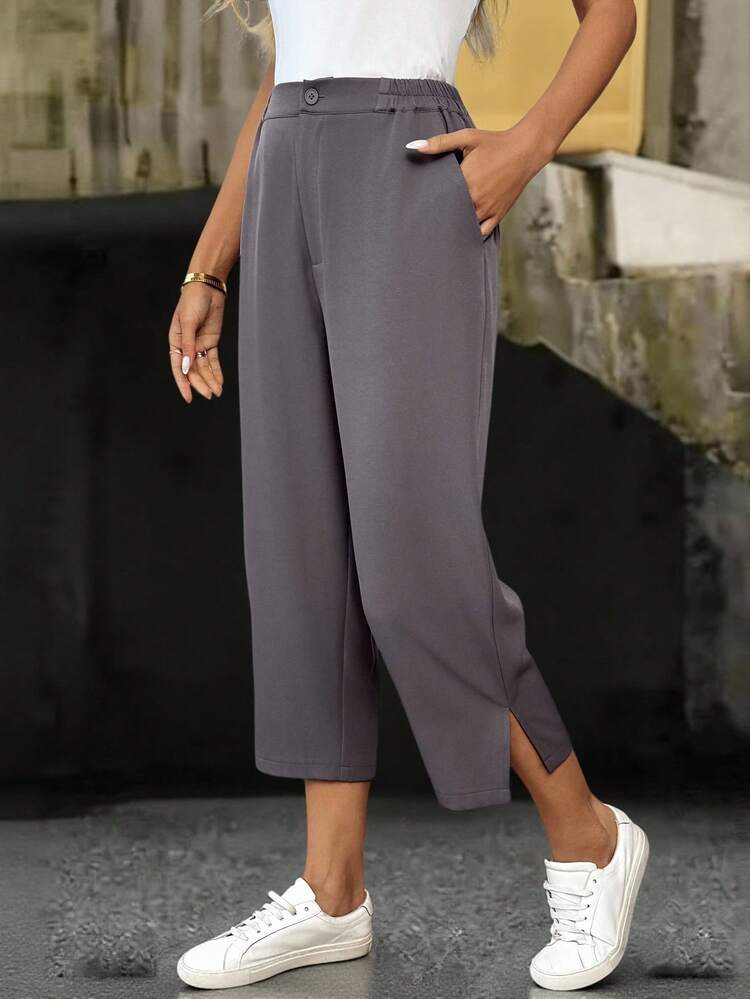 女性用カジュアル無地テーパードスーツパンツ、多用途 夏 教師 オフィス ビジネスカジュアル グレークロップドパンツ