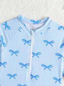 SHEIN 女童条纹蝴蝶结印花连体泳衣，适合度假和海滩穿着 - 淺藍色 - 查看 4