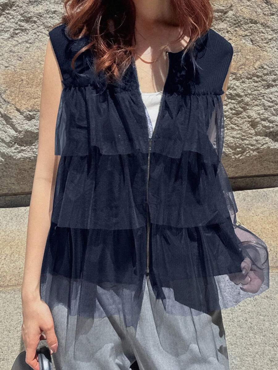 FRIFUL Áo thun không tay lưới khóa kéo nhiều lớp dành cho nữ, dáng rộng thoải mái, năng động cho lễ hội âm nhạc nghỉ dưỡng - Màu xanh hải quân - Xem 1