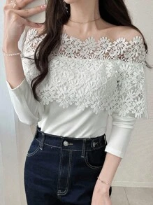 FRIFUL 女式白色拼布透明蕾丝面料纹理露肩休闲百搭 T 恤，适合秋季外出