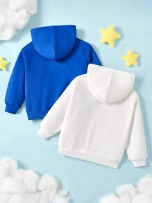 LE PETIT PRINCE X SHEIN 2 件装小男孩卡通星空印花蓝色休闲连帽长袖运动衫和玫瑰印花可爱白色运动衫套装 - 藍色 - 查看 2