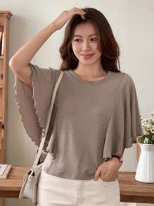 DAZY قميص تي شيرت نسائي بأكمام قصيرة مزين بالكشكشة والرقعات، ملابس أنيقة للمكتب، مناسبة للتنقل والحفلات والزفاف - كاكي - مشاهدة 11