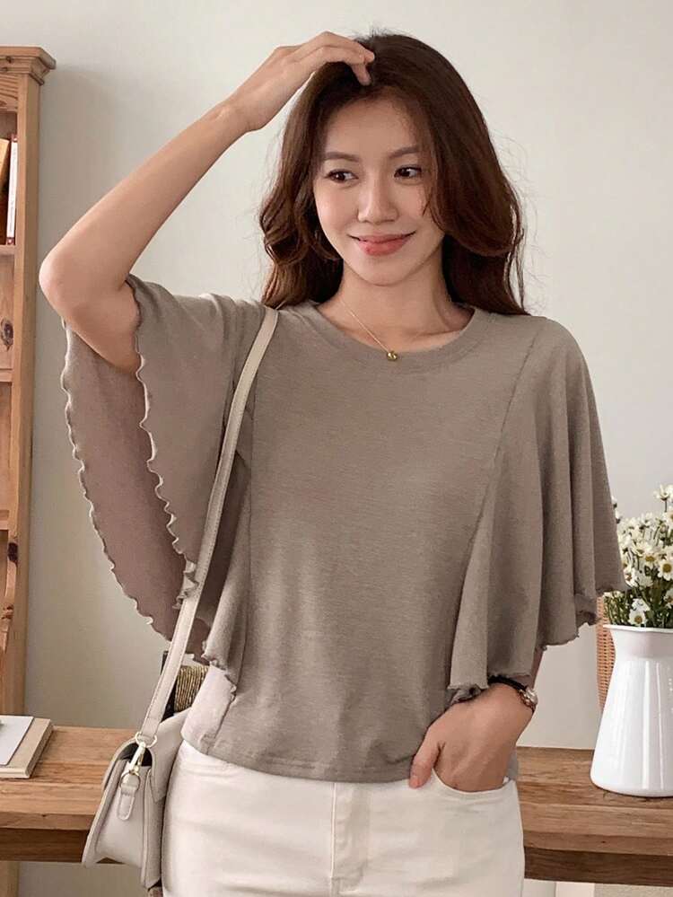 Women's Ruffle Patchwork Short Sleeve T-Shirt, Elegant Office Wear, Suitable For Commute, Party, Wedding
