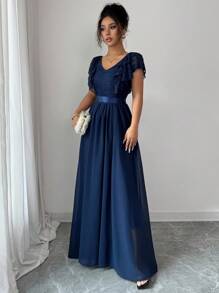 Elenzga 女士优雅荷叶边袖V领蕾丝拼接A字长裙 - 藏蓝色 - 查看 5