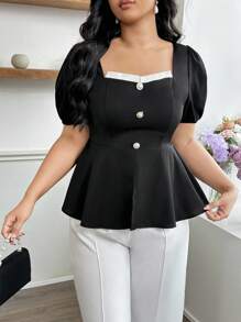 Modelyn Blusa de mujer talla grande con cuello cuadrado, cintura ceñida y mangas abullonadas con abertura