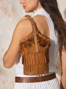 SHECARRY Women's Bohemian Tassel Design Fashion Handbag, Suitable For Vacation - Brown - View 2