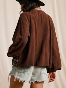 Easelle Áo cánh tay đèn lồng thêu họa tiết phong cách nghỉ dưỡng giản dị cho nữ, mùa xuân/thu - màu nâu - Xem 2