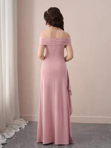 SHEIN Tween Girl Elegant Maxi Dress, Off Shoulder Ruffle Hem Fitted Long Party Dress, Pink Flower Girl Gown Off Shoulder Dress Asymmetrical Dress Christmas Dress - Pink - View 3