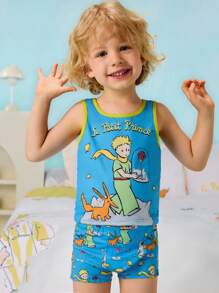 LE PETIT PRINCE X SHEIN 男童卡通图案背心和短裤内衣套装 - 藍色 - 查看 4