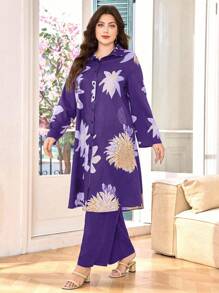 SHEIN Lacomfia 加大码花卉印花长袖上衣和长裙两件套，舒适休闲的阿拉伯风格女式秋季服装