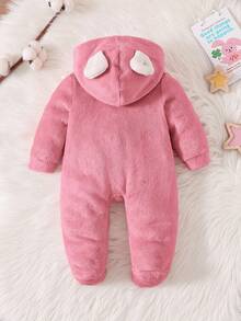 新生女婴可爱卡通云朵图案贴花连帽拉链法兰绒连体衣，秋冬 - 藕粉色 - 查看 2