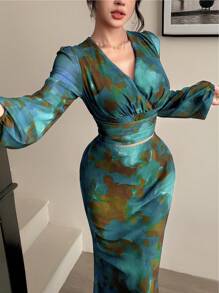 Modelyn 2 件套女士韩版优雅扎染图案弹力网眼修身美人鱼裙套装 - 彩色 - 查看 3