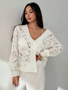 SHEIN PETITE 女士花卉镂空长袖单排扣宽松开衫