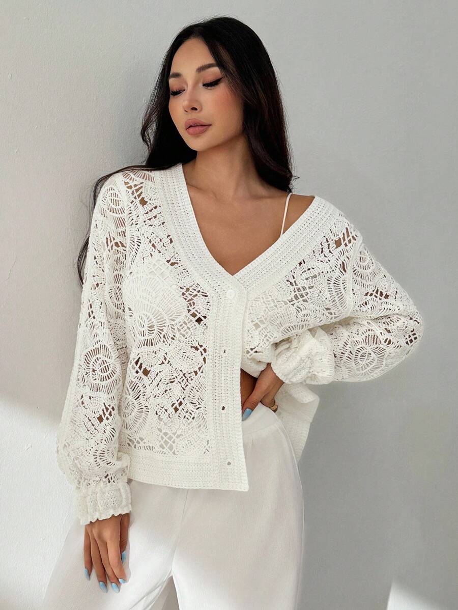 SHEIN PETITE 女士花卉镂空长袖单排扣宽松开衫