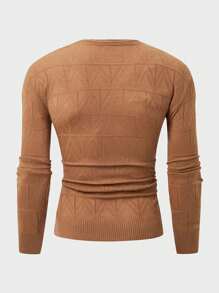 EURMUSE Men Rib Knit Geometrical Pattern Crew Neck Regular Sweater - Camel - View 3