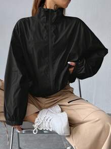 SHEIN EZwear Women's Casual Daily Solid Color Zip-Up Stand Collar Loose Jacket Jacket Y2k Oversized Jacket Windbreaker Jacket Light Jacket In Fall/Winter - Black - View 1