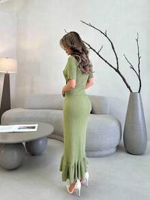 Jemour Button Front Ruffle Hem Sweater Dress - Green - View 2