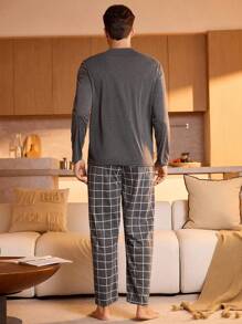 Men Plaid Print Pocket Patched PJ Set / Pajama Set - Dark Grey - View 2