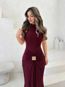Jemour Women's Elegant Party Long Sleeve Sexy High Neck Backless Dress With Metal Buckle Decor, Available In Burgundy And Brick Red, Made Of Stretchy Knit Fabric, Suitable For Cocktail Party, Romantic Date, Autumn/Winter Casual Wear, Wedding, Bridesmaid, Formal Party, Halloween, Christmas, Dress, Dresses For Women,Summer Dresses For Women,Tea Party Dress - Burgundy - View 5