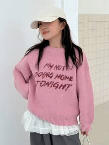DAZY 青少年女孩字母图案落肩长袖圆领毛衣，秋季服装 - 粉色 - 查看 3