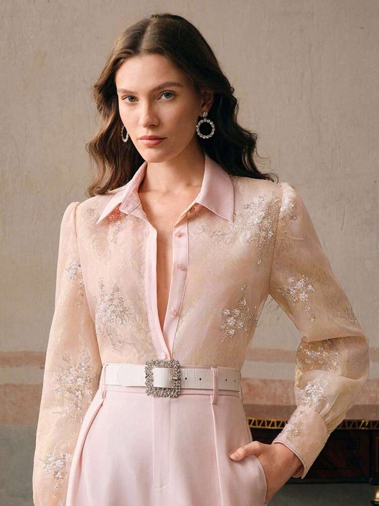 Blusa versatile a maniche lunghe da donna, top casual di lusso con decorazioni di perline e paillettes