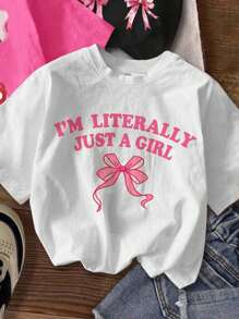 SHEIN Áo thun in họa tiết hoạt hình tối giản thường ngày cho bé gái tuổi teen, phù hợp cho mùa hè - Nhiều màu - Xem 5