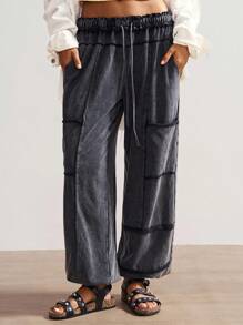 Bohemela Women's Casual Solid Color Knit Loose Drawstring Sweatpants - Black - View 5