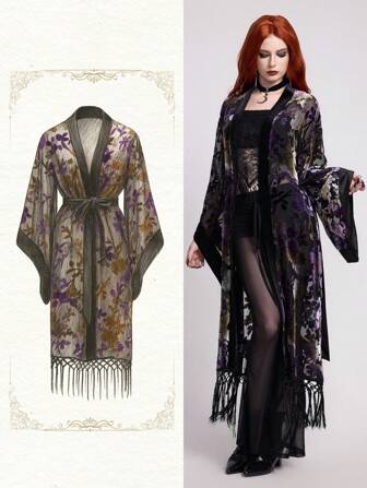 Goth Bohemian Goth Style Floral Burnout Velvet Texture Beach Flare Sleeve Cardigan