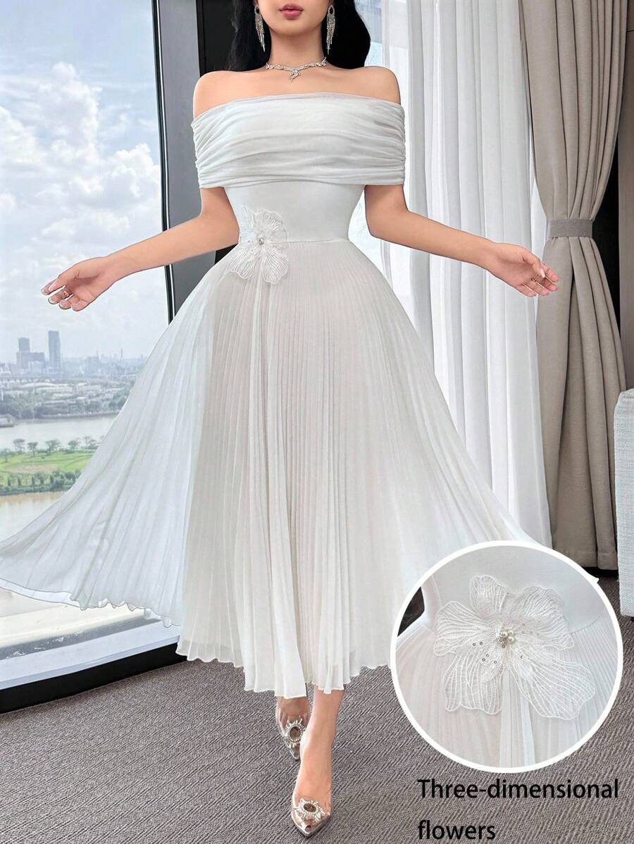 Feyla Đầm trễ vai thanh lịch màu trơn dành cho nữ có họa tiết hoa 3D và viền xếp ly - trắng - Xem 1