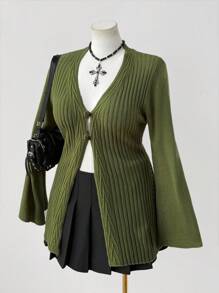 Sweetra Cárdigan de punto con botones delanteros en estilo bohemio para mujer de talla grande, apto para usar en todas las estaciones, ideal para vacaciones. Cárdigan vintage para mujer con costillas, cárdigan verde oliva, cárdigan con mangas acampanadas, cárdigan verde para mujer en invierno, otoño y otoño