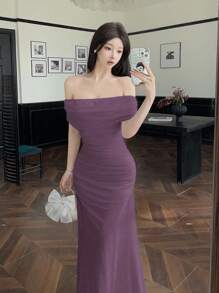 Modelyn Women's Off Shoulder Ruched Waist Elegant Wedding/Party Dress - Purple - View 4