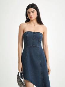 Daynim 女式休闲无袖不对称牛仔连衣裙 - 深色水洗藍 - 查看 3