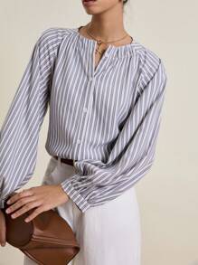 INAWLY Women's Striped Print Notch Collar Front Button Long Sleeve Casual Shirt Fall Cloth For Women - Multicolor - View 7