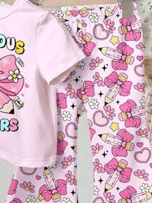 SHEIN 2pcs Cute Floral & Bow Print Casual Cartoon Pattern Round Neck Short Sleeve Top And Flare Pants Set, Suitable For Summer, Back To School Outfit, 2000s/Y2K/Korean Style