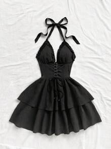 Soleia 休闲度假西部海滩婚礼宾客派对服装毕业早午餐服装，圣帕特里克节春假复活节音乐节，优雅波西米亚热带优雅红色纹理蝴蝶结露背荷叶边迷你连衣裙 - 黑色 - 查看 7