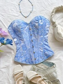Soleia 复古宫廷风格彩色花卉提花印花吊带短款上衣，带纽扣和系带，适合女士，度假紧身胸衣上衣蓝色花卉紧身胸衣淡蓝色紧身胸衣上衣蓝色夏季紧身胸衣女士紧身胸衣蓝色紧身胸衣女士返校，返校季，毕业季 - 藍色 - 查看 3