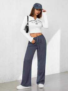 SHEIN PETITE 夏季休闲纹理阔腿七分裤