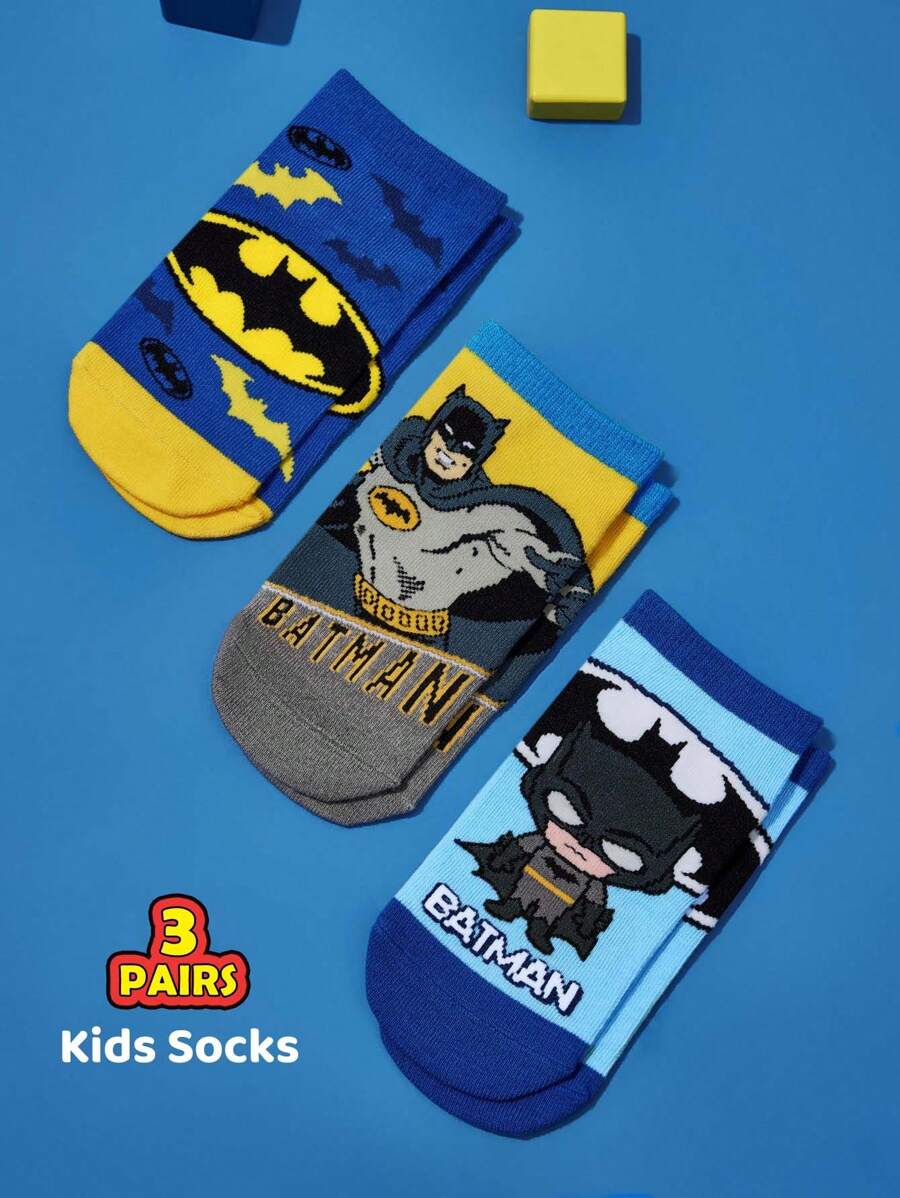 BATMAN X SHEIN 3 双棉质柔软透气吸湿排汗男童儿童短袜蓝色可爱卡通踝袜加固脚趾和脚跟，经久耐用，四季百搭，适合学校和户外