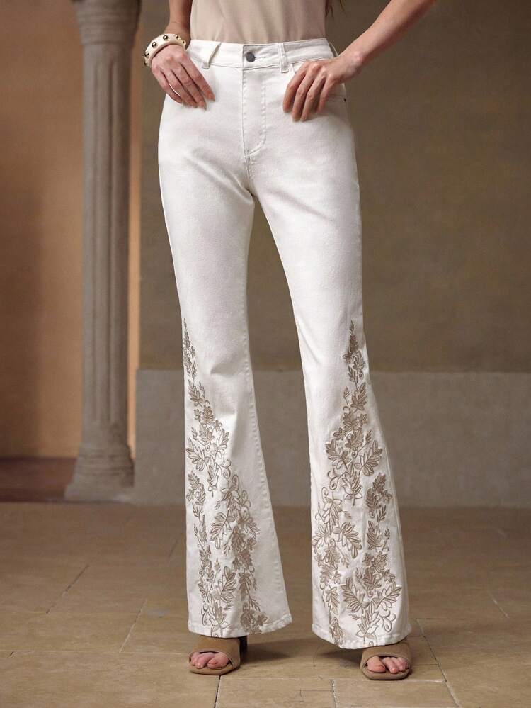 WOMEN'S SUMMER ELEGANT EMBROIDERED WHITE DENIM FLARE JEANS