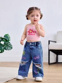 SHEIN 女婴 Y2K 花卉笑脸印花宽松蓝色破洞牛仔裤，春夏休闲度假乡村波西米亚风装 - 深色水洗藍 - 查看 6