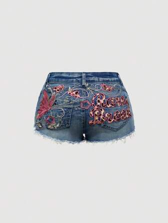 Fairycore Y2K Butterfly Embroidery Distressed Washed Low Waist Sexy Skinny Denim Shorts
