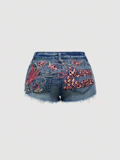 Fairycore Y2K Butterfly Embroidery Distressed Washed Low Waist Sexy Skinny Denim Shorts